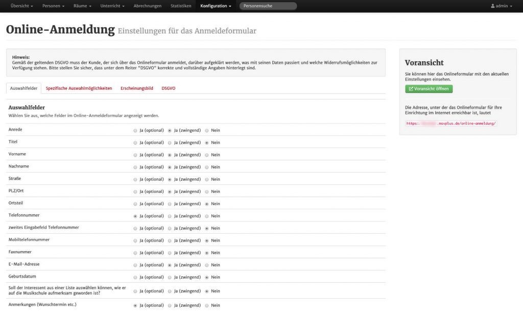 Screenshot der Konfigurationsseite der Online-Anmeldung in MSVplus